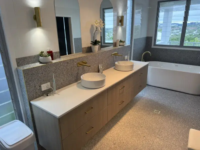 Completed modern bathroom renovation by Intent Building Contracting
